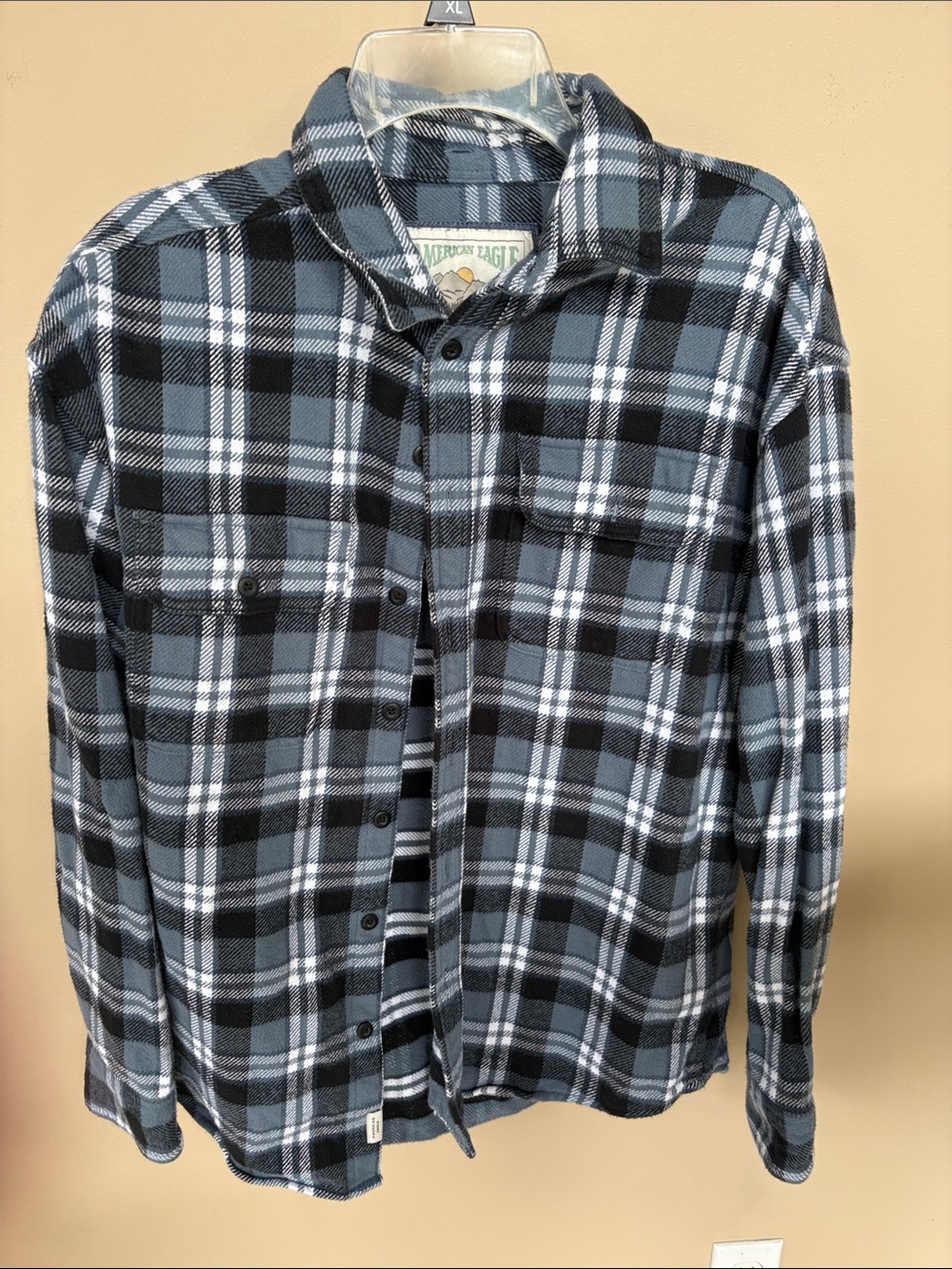 American Eagle Outfitters Blue, Black & White Plaid Button-Up Shirt